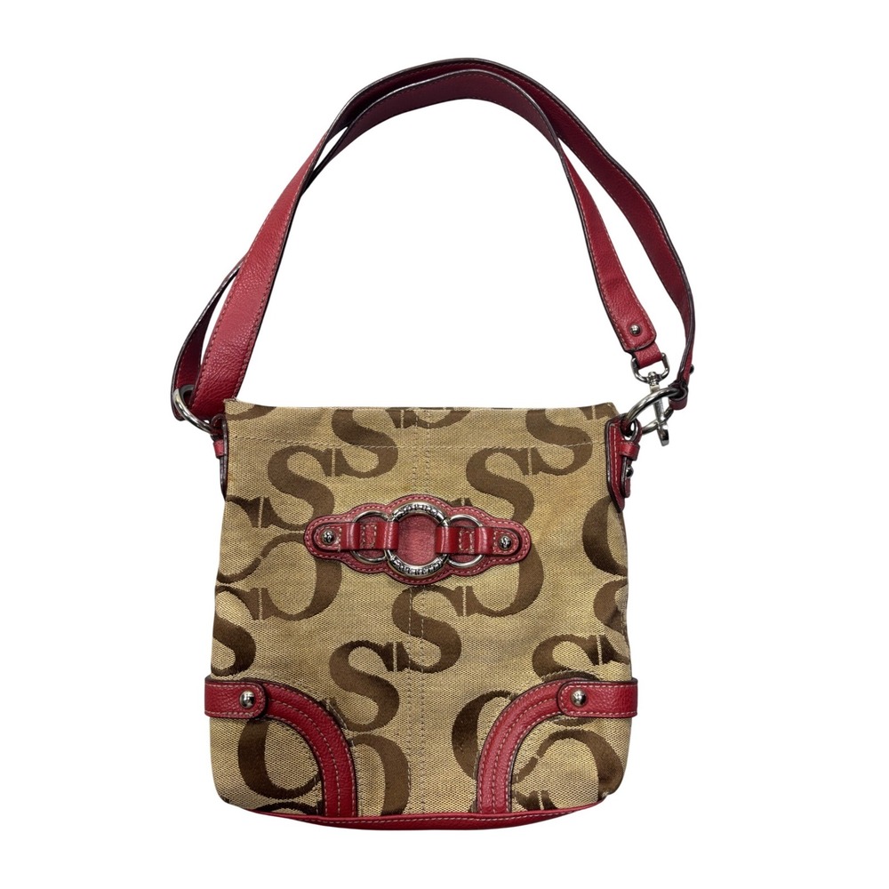 Sophia Caperelli Shoulder Bag Small Monogram Tan Brown Red Leather Trim‎ Trim